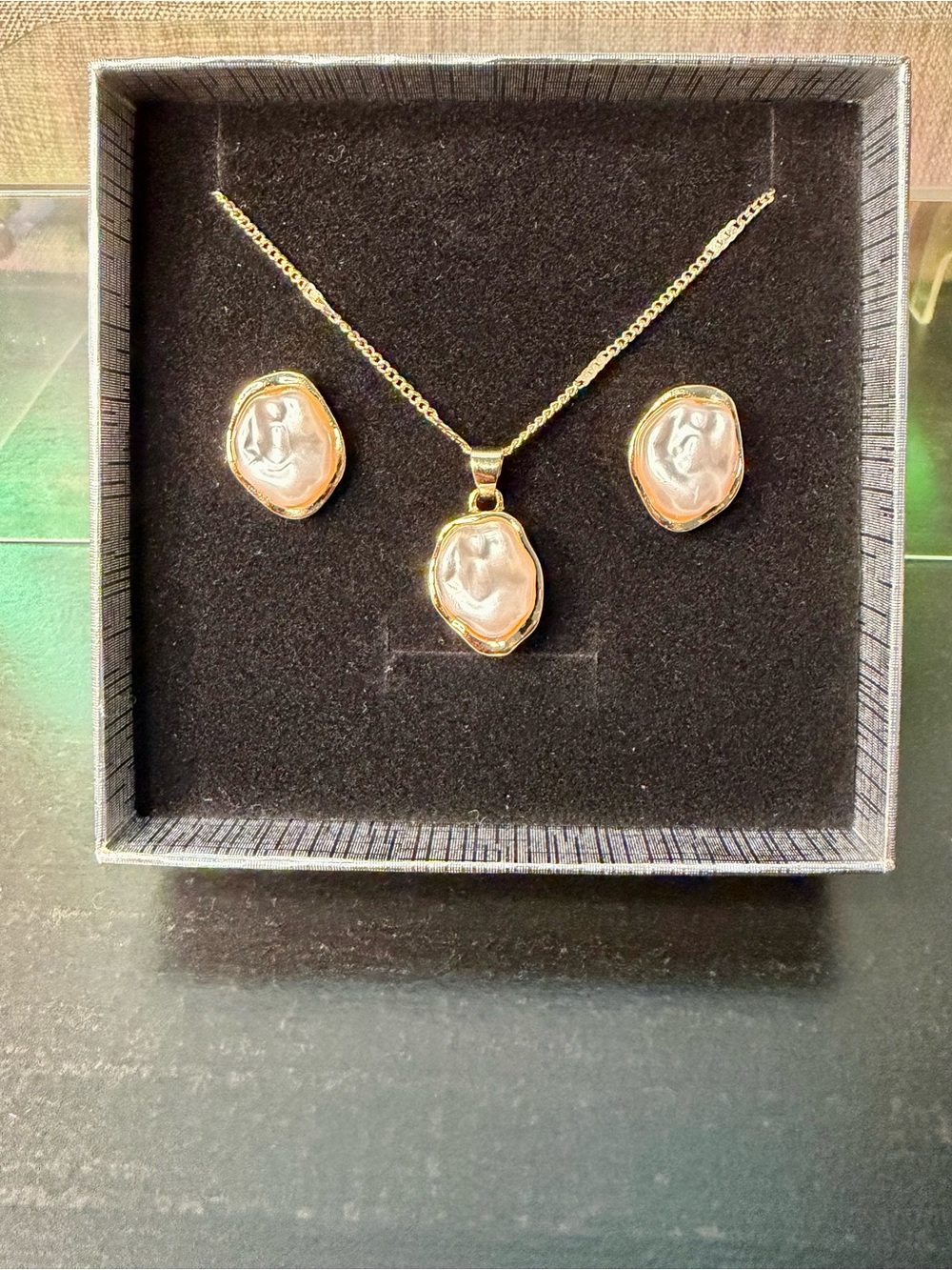 Gold and Pearl Pendant Necklace with Matching Studs